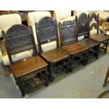 Mixed group of 17th/18th Century oak dining chairs with carved backs and solid seats. (5) (B.P.