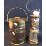 Vintage Thomas & Williams Aberdare miner's lamp, together with a 19th Century brass and metal fire