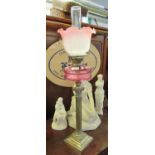 Early 20th century double oil burner having clear glass chimney with art nouveau frilled, pink and