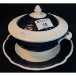 19th Century Swansea blue and white lidded two handled tureen on stand with acorn finial. (B.P.