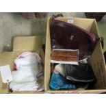 A box of vintage ladies handbags including; a maroon leather bag in dustbag, 4 wallets including