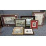 Collection of framed etchings and similar items, to include; part map of South Australia, a south