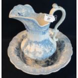 19th Century Llanelly pottery transfer printed blue and white toilet jug and basin in 'Panorama'