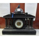 Late Victorian slate architectural two train mantel clock, having enamelled face with pilaster