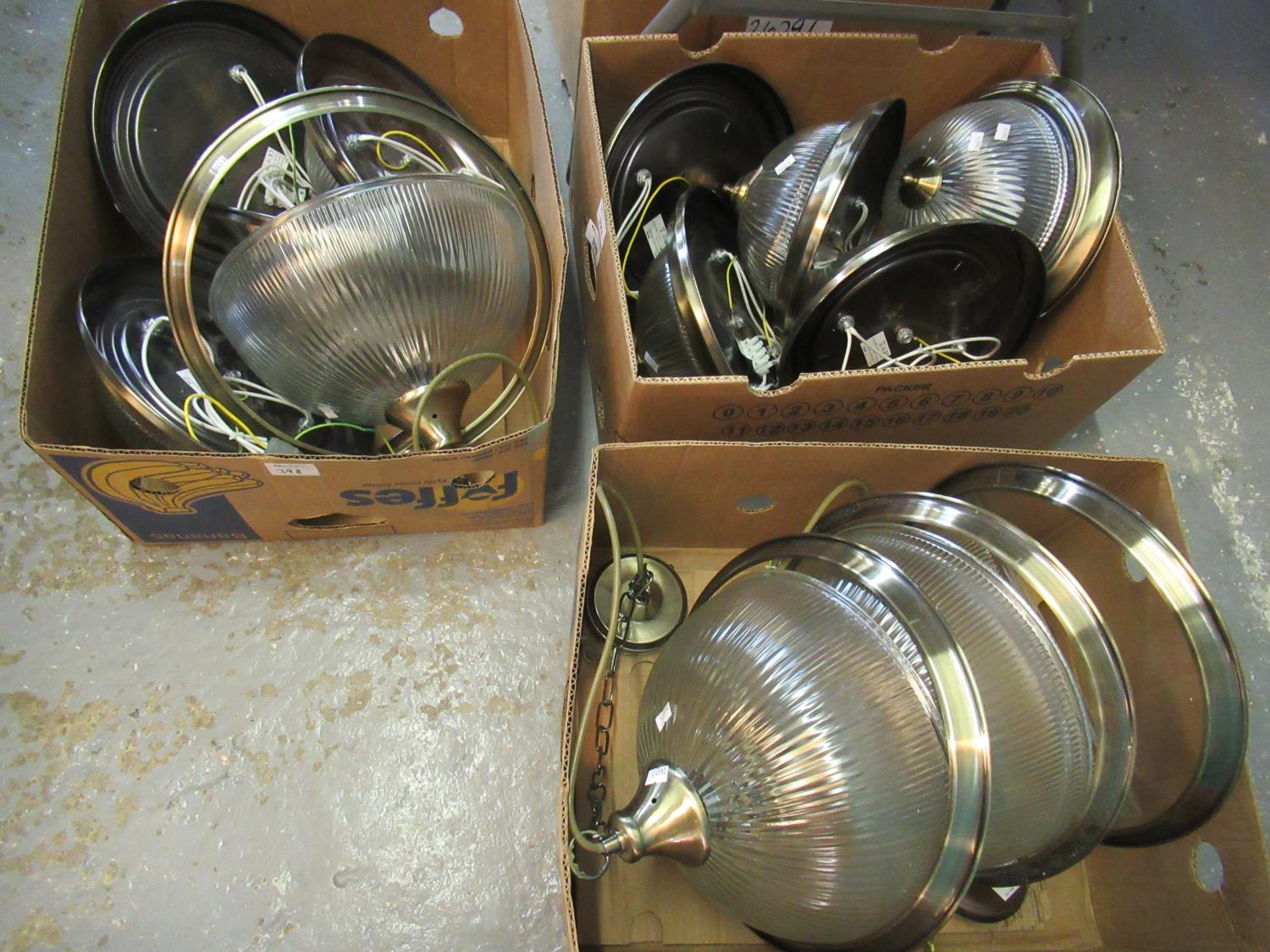 Three boxes of Searchlight American diner style fluted light shades with brass finish mounts. (3) (