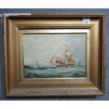 British School, sailing vessels off a coastline, oils on canvas. 25 x 35cm approx. Framed. (B.P. 21%