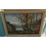 Large oil furnishing print signed Lung Po, woodland scene with lake, framed. (B.P. 21% + VAT)