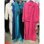 Five vintage ladies evening dresses to include; a pink brocade dress with matching jacket, a john