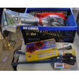 Box of tools and accessories to include; 18 set power fix spanners, supertone horn set, lock jaw