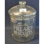 Vintage glass biscuit barrel, 'Frears biscuits'. (B.P. 21% + VAT)