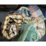 Box of five vintage woollen blankets, four check in various colours and a green striped blanket. (5)