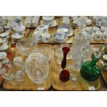 Two trays of cut glass and other glassware to include: three decanters, drinking glasses and bowls
