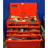 Snap on two stage tool cabinet chest, the upper section containing a large assortment of varied hand