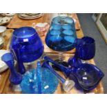 One tray of blue glass items to include: vases, basket, glasses etc. (B.P. 21% + VAT)