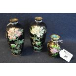 Pair of oriental cloisonne baluster vases decorated with flowers and birds, together with another
