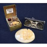 Pair of mid Century pocket binoculars or opera glasses, together with a travelling brass inkwell set