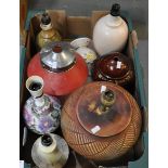 Box of pottery lamp bases and a glass light shade. (8) (B.P. 21% + VAT)