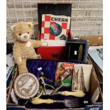 Box of assorted items to include; a Steiff teddy bear '26 blond', Sheffield Chieftain set or