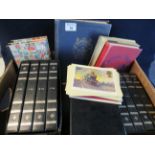 Large box of all world stamps in albums, album of air letters and selection of Post Office cards,