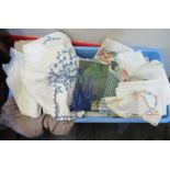 Large box of assorted vintage table and bed linen to include; embroidered tableware, linen