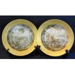 Pair of German Kaiser porcelain plates or shallow bowls, depicting 17th and 18th Century scenes,