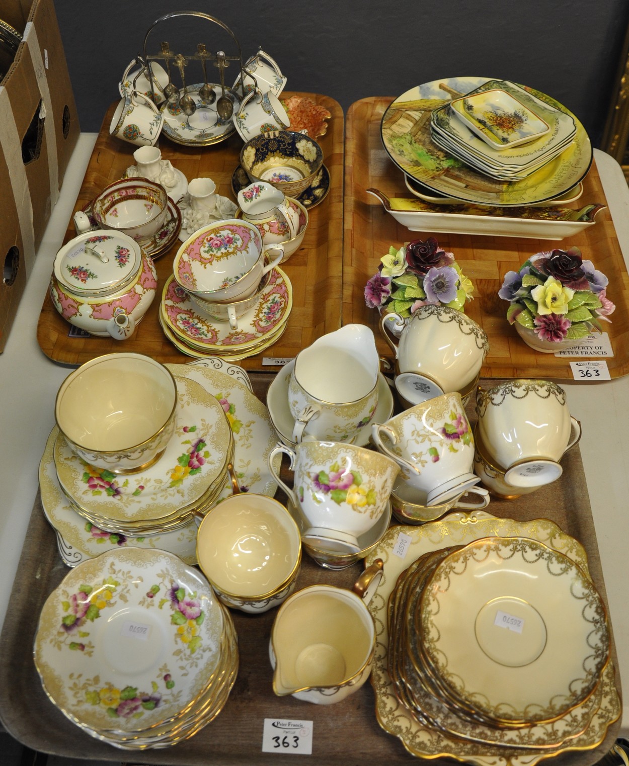 Three trays of assorted china to include: Royal Albert fine bone china 'Lovelace' pattern teaware,