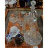 Tray of assorted items to include: glass decanter and stopper, drinking vessels, cut glass trinket