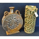 Mid Century art pottery two handled flask shaped vase, together with another art pottery vase with