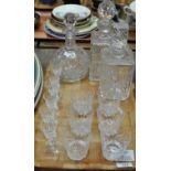 Tray of star cut crystal whisky tumblers, together with a set of six crystal cut glass liqueur