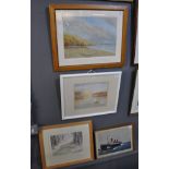 Group of assorted 20th Century furnishing pictures to include; beach scene in pastels, sunset