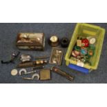 Box of oddments to include pen knives, table lighter, beaten silver plate card case, other