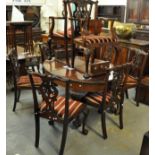 Dining room suite comprising; 20th Century mahogany dining table with rope edge on cabriole legs,