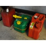 Three petrol cans, one vintage marked Petroleum Spirit Highly Inflammable. (3) (B.P. 21% + VAT)