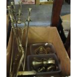 Box containing a brass companion set and two sets of brass weights. (B.P. 21% + VAT)