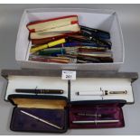 Shoe box containing assorted vintage and other pens, Daniel Hechter, Sheaffer, Stratton, some
