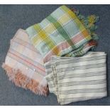 Box of vintage blankets to include; two vintage woollen check blankets with fringed ends in