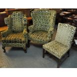Two 18th Century style upholstered wing backed easy chairs, differing designs but matching