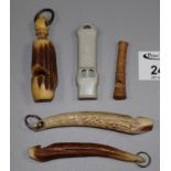 Collection of five bone, horn and other vintage whistles. (B.P. 21% + VAT)