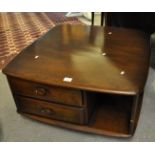 Ercol style rectangular elm coffee table with drawers and shelves. 77cm wide approx. (B.P. 21% +