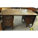 Mid Century twin pedestal stained wooden drawing office desk. 153cm wide. (B.P. 21% + VAT)