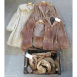 A cream fur swing coat with inner lined cuffs, two fur jackets and a fur stole with collar detail