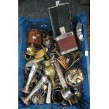 Box of assorted metalware to include; EPNS vases, metal bell with Welsh lady to top, hip flasks,