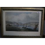 'A view of Neath Town from Accross the River' by Thomas Horner, 1819. Coloured etching. Framed and