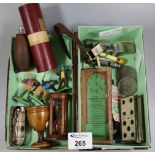 Box of oddments to include; a treen eggcup marked Jerusalem, the Acme 'Thunderer' whistle, USA $1