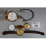 Gentleman's early 20th Century gold plated half hunter Waltham pocket watch, together with a 14ct