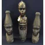 Pair of Nigerian carved tribal hardwood lamp bases in the form of bust figures of women with head