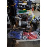 Box of miscellaneous to include; safety jump leads, Halfords heavy duty elasticated tow ropes,