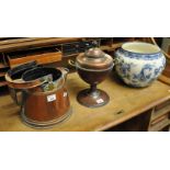 A copper and brass conical jug with swing handle, a brass samovar and white jardiniere. (3) (B.P.