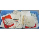 Large box of assorted vintage table and bed linen to include; embroidered tableware, linen