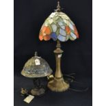 Two Tiffany style table lamps with glass coloured floral and other decoration. (2) (B.P. 21% + VAT)